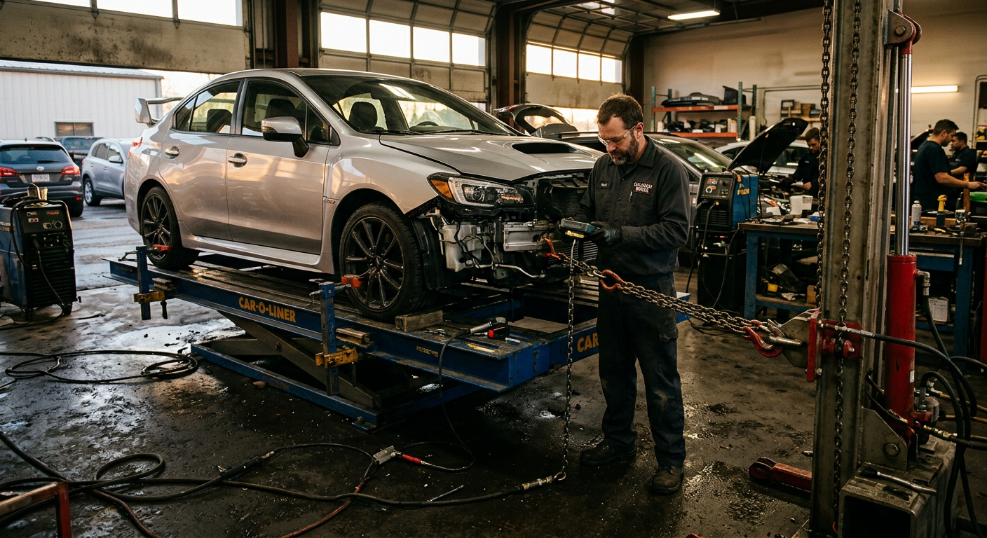 Vehicle mounted on a frame straightening bench
