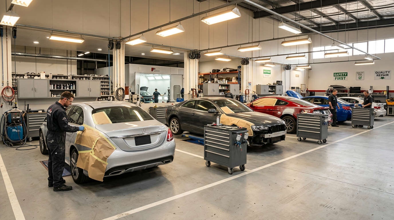 Organized collision repair bays with vehicles in progress