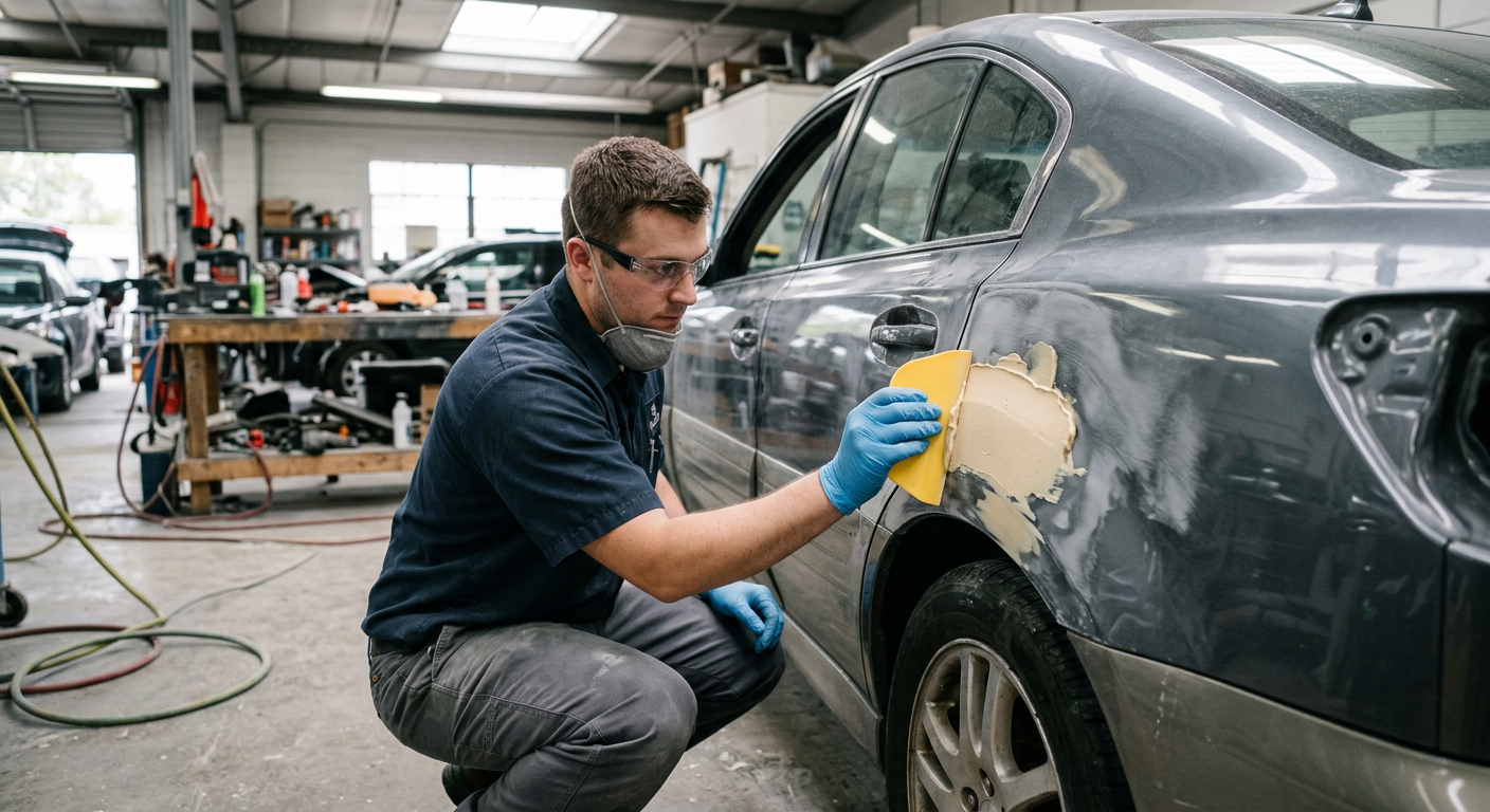 Applying body filler to a quarter panel during auto body repair
