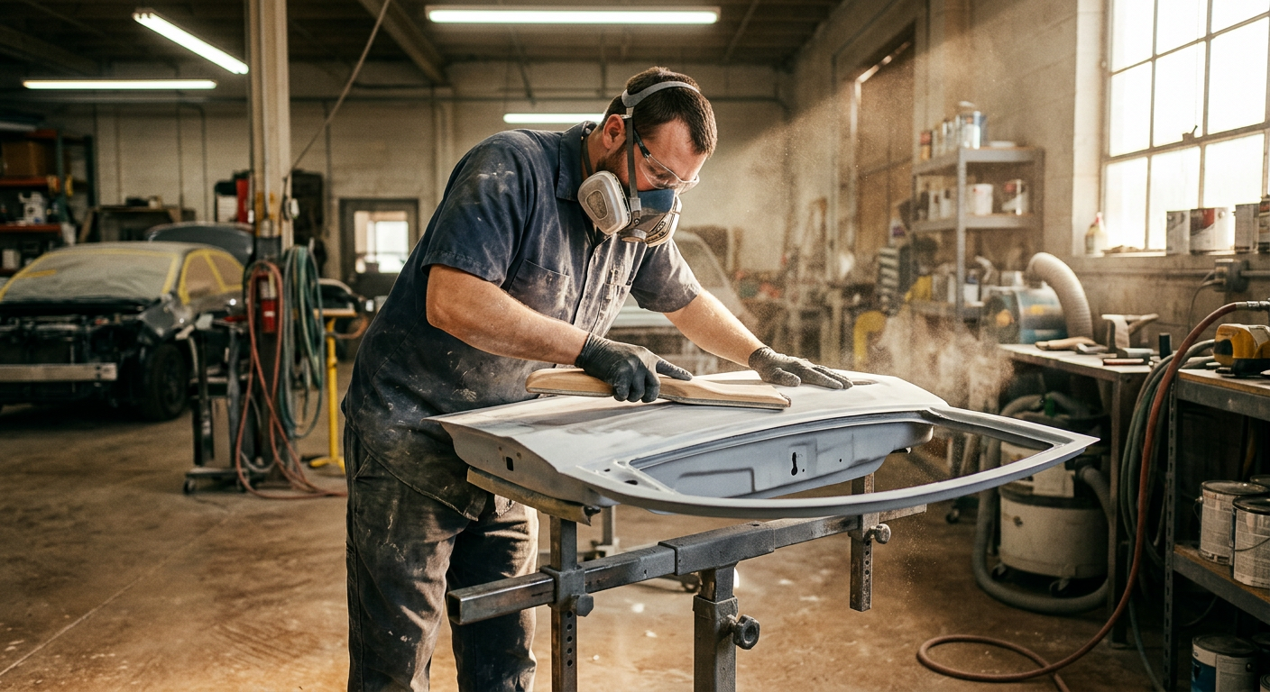 Block sanding a primed car door before refinishing