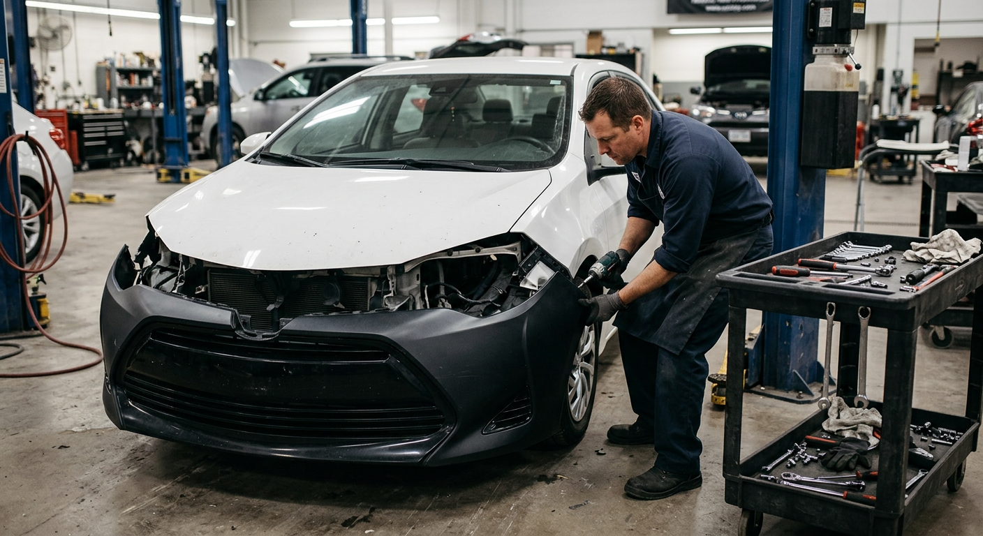 Installing a new front bumper cover on a white sedan