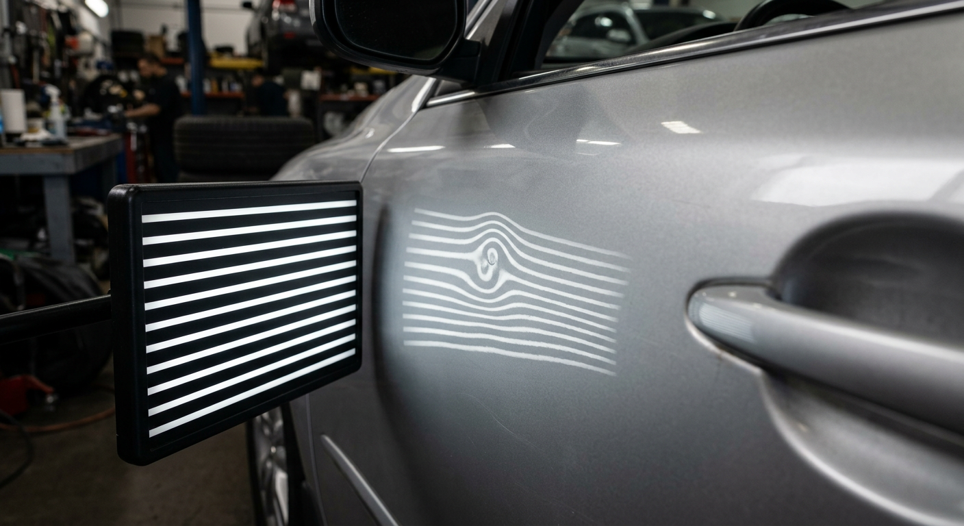 Small door dent revealed by a line reflection board