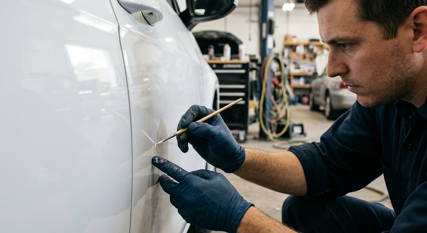 Touching up a small paint chip on a white car door