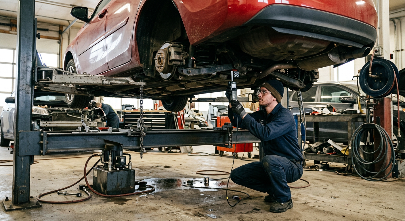 Technician taking structural measurements under a vehicle