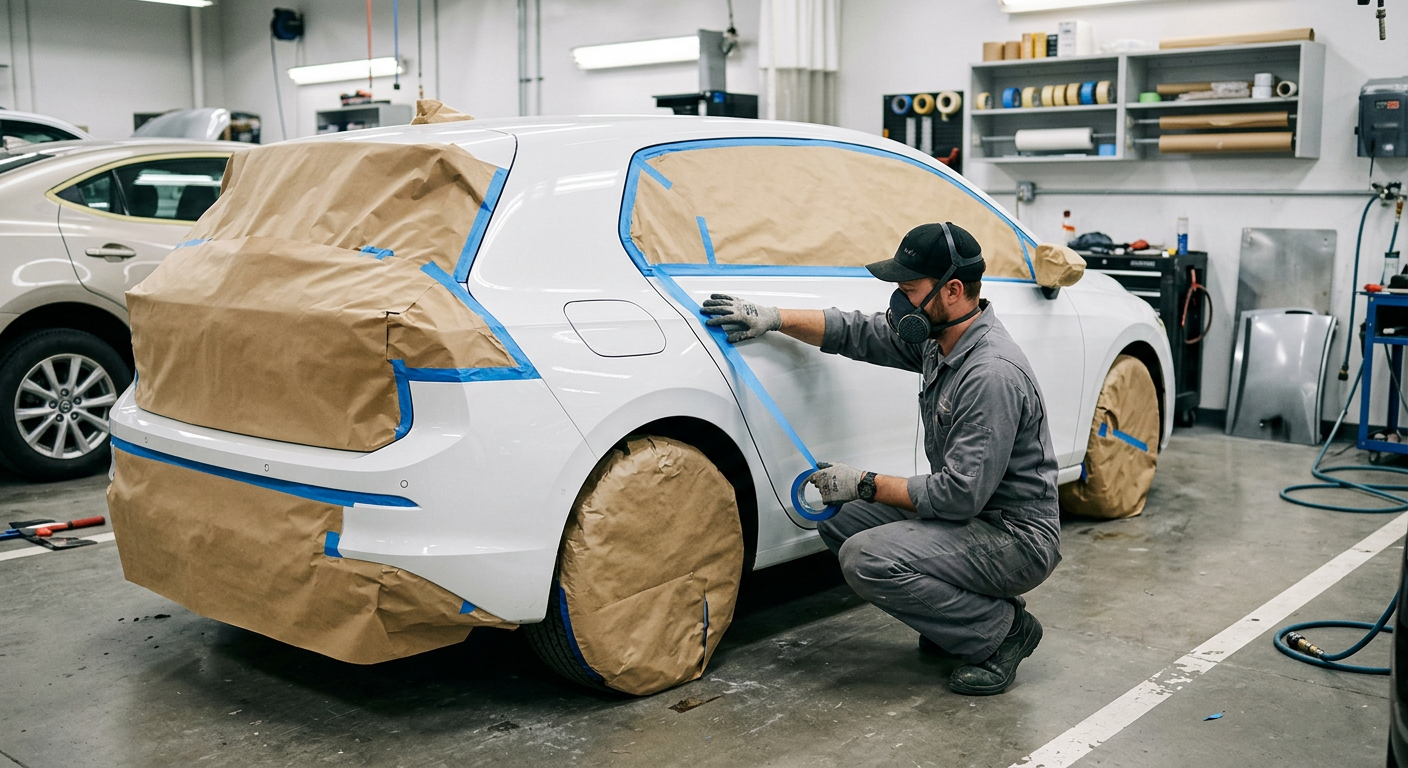 Masking a white car with paper and tape before painting